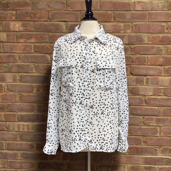 Promesa White & Black Star Button Down Long Sleeve Top Size Large - Picture 3 of 8